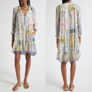 Camilla Gathered Panel Silk Mini Shirt Dress Botanical Ballads Large NWT